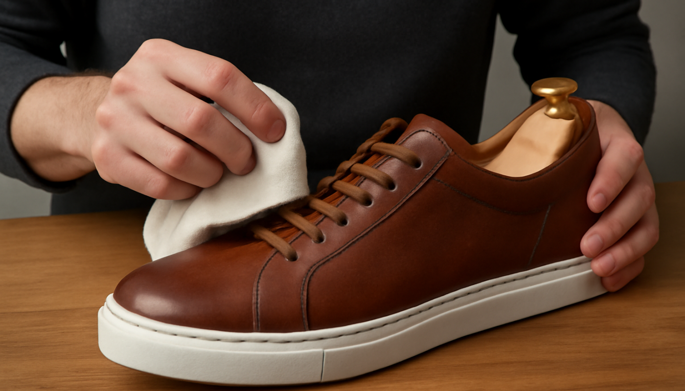 entretien de sneakers en cuir avec chiffon et embauchoir