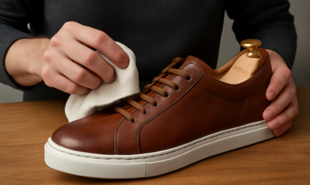 entretien de sneakers en cuir avec chiffon et embauchoir