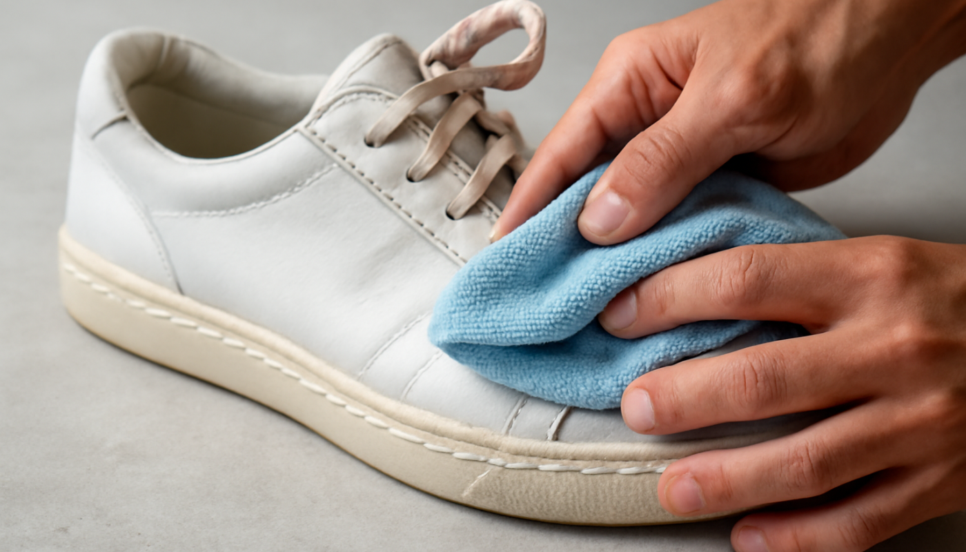 nettoyage de sneakers en cuir avec chiffon microfibre