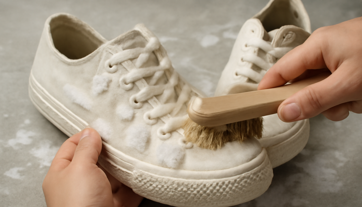 nettoyage de sneakers en toile avec mousse et brosse