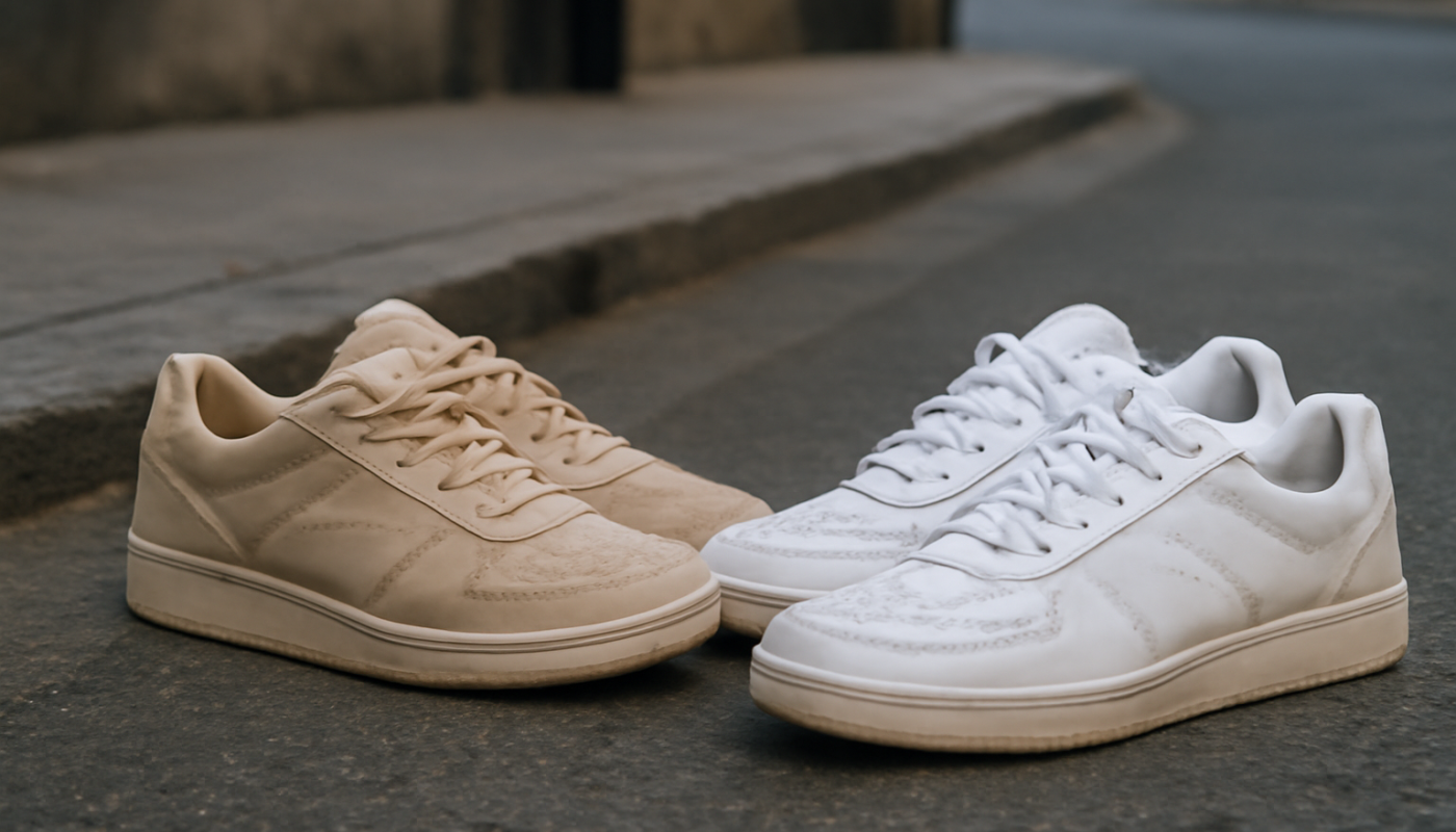 deux paires de sneakers comparées sur sol urbain