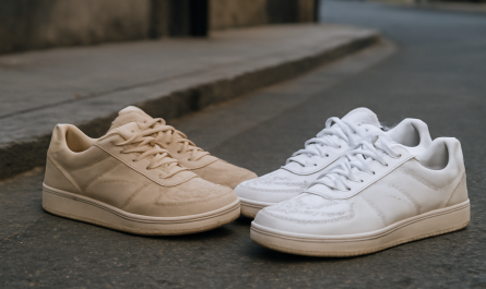 deux paires de sneakers comparées sur sol urbain