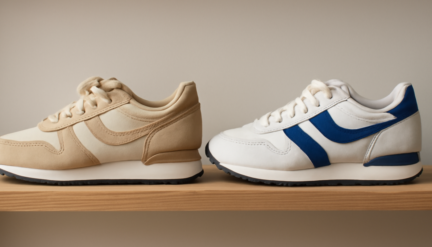 deux paires de sneakers rétro comparées sur étagère