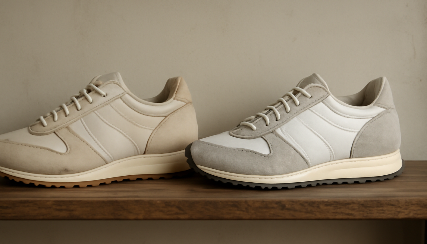 deux paires de sneakers rétro comparées sur une étagère