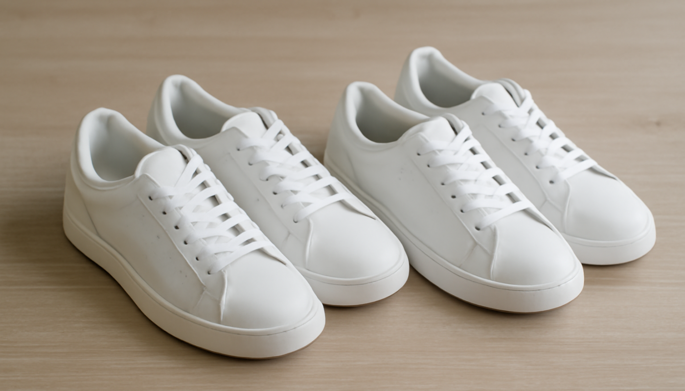 deux paires de sneakers blanches comparées sur table