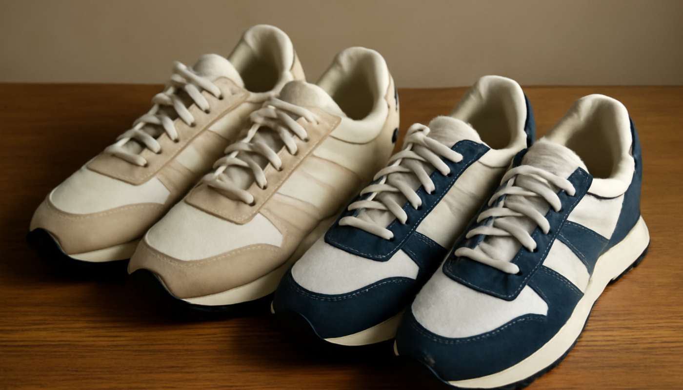 deux paires de sneakers rétro comparées sur une table
