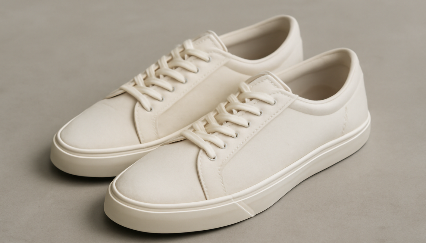 sneakers minimalistes en toile posées sur sol neutre