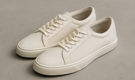 sneakers minimalistes en toile posées sur sol neutre