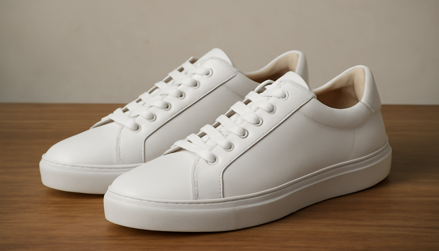 sneakers minimalistes en cuir posées sur table