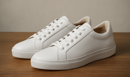 sneakers minimalistes en cuir posées sur table