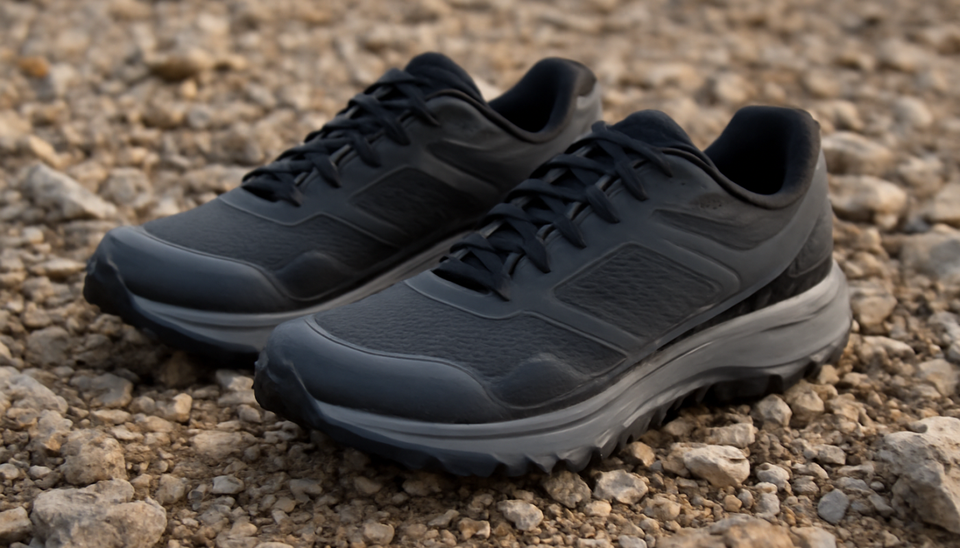 sneakers techniques posées sur sol rocheux