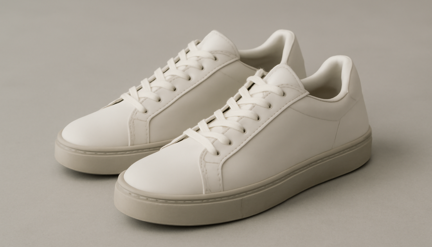 sneakers modernes minimalistes posées sur sol neutre