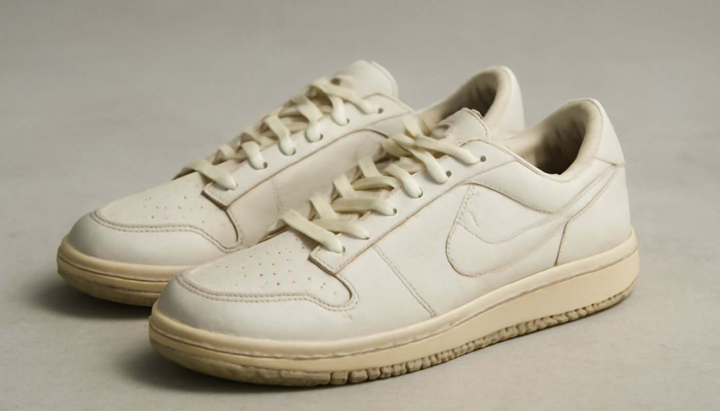 sneakers rétro en cuir posées sur sol neutre