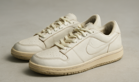 sneakers rétro en cuir posées sur sol neutre