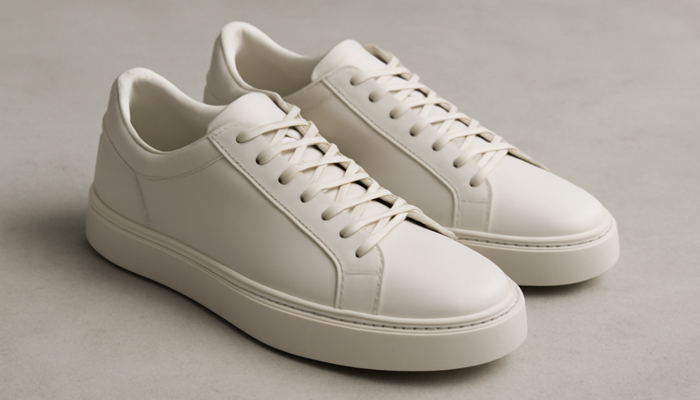 sneakers modernes en cuir posées sur sol neutre