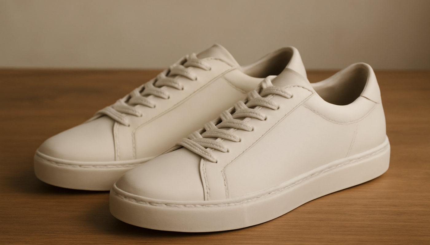sneakers minimalistes en cuir posées sur table