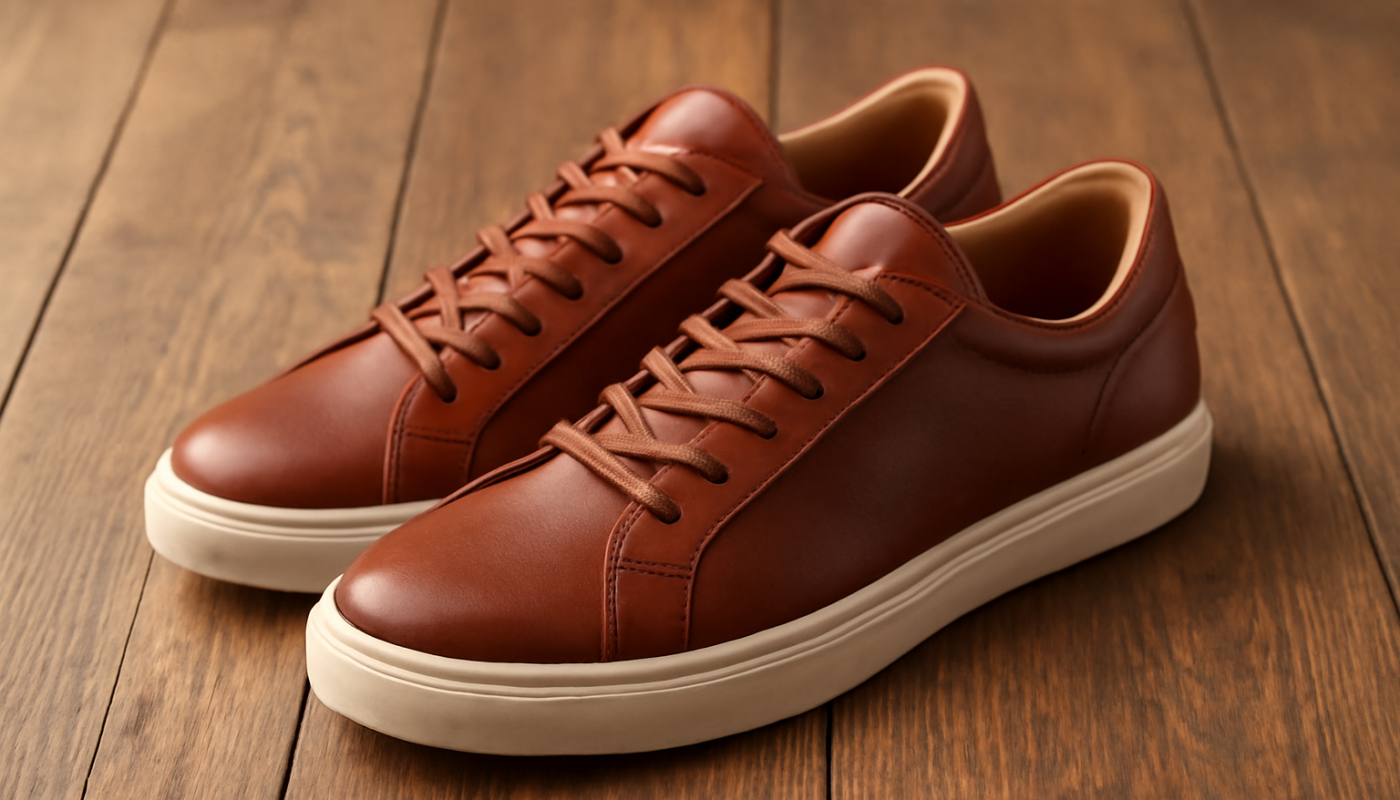 sneakers en cuir premium posées sur sol bois