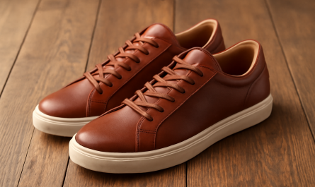 sneakers en cuir premium posées sur sol bois