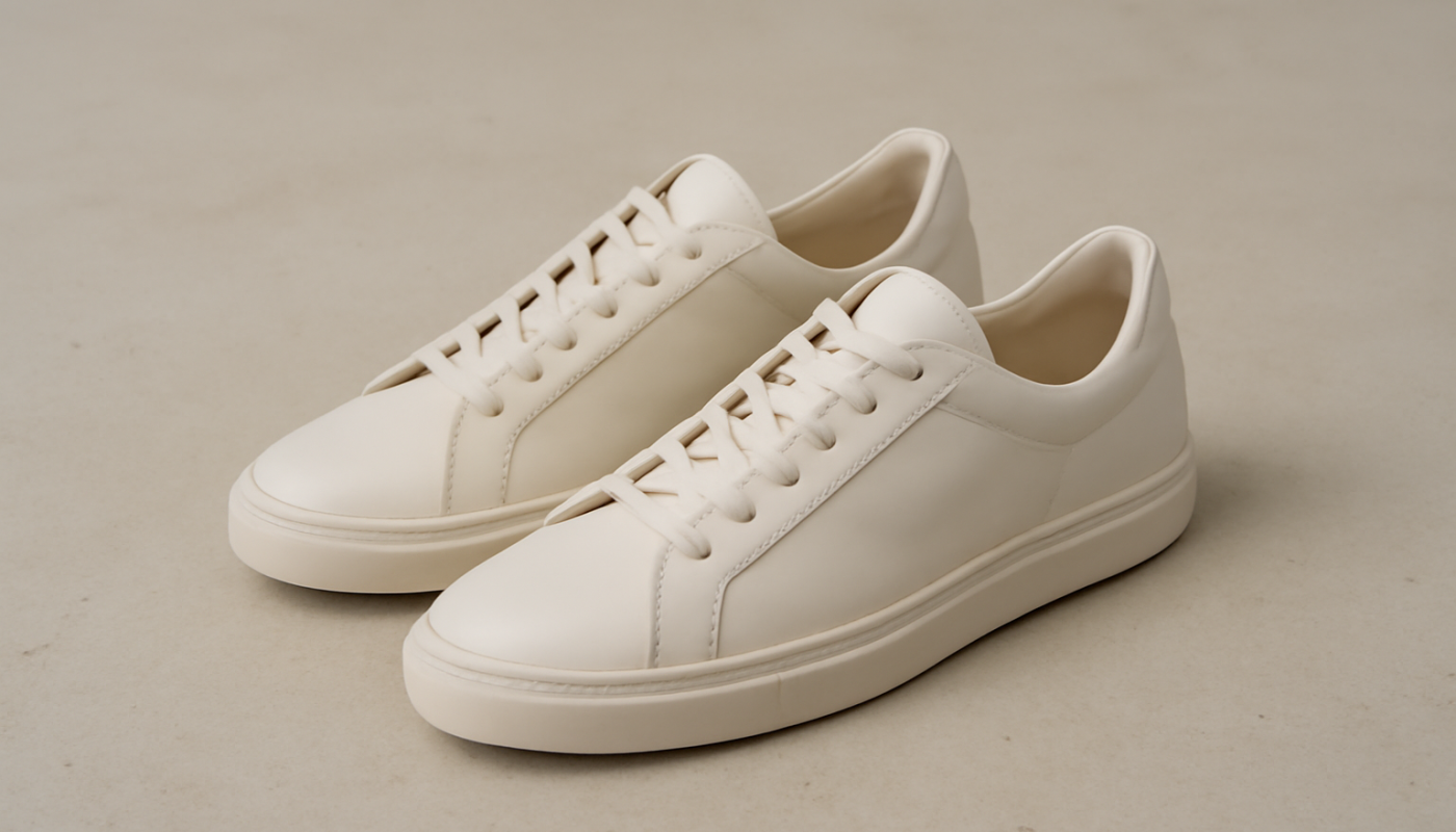 sneakers minimalistes en cuir posées sur sol clair