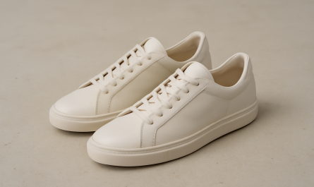 sneakers minimalistes en cuir posées sur sol clair