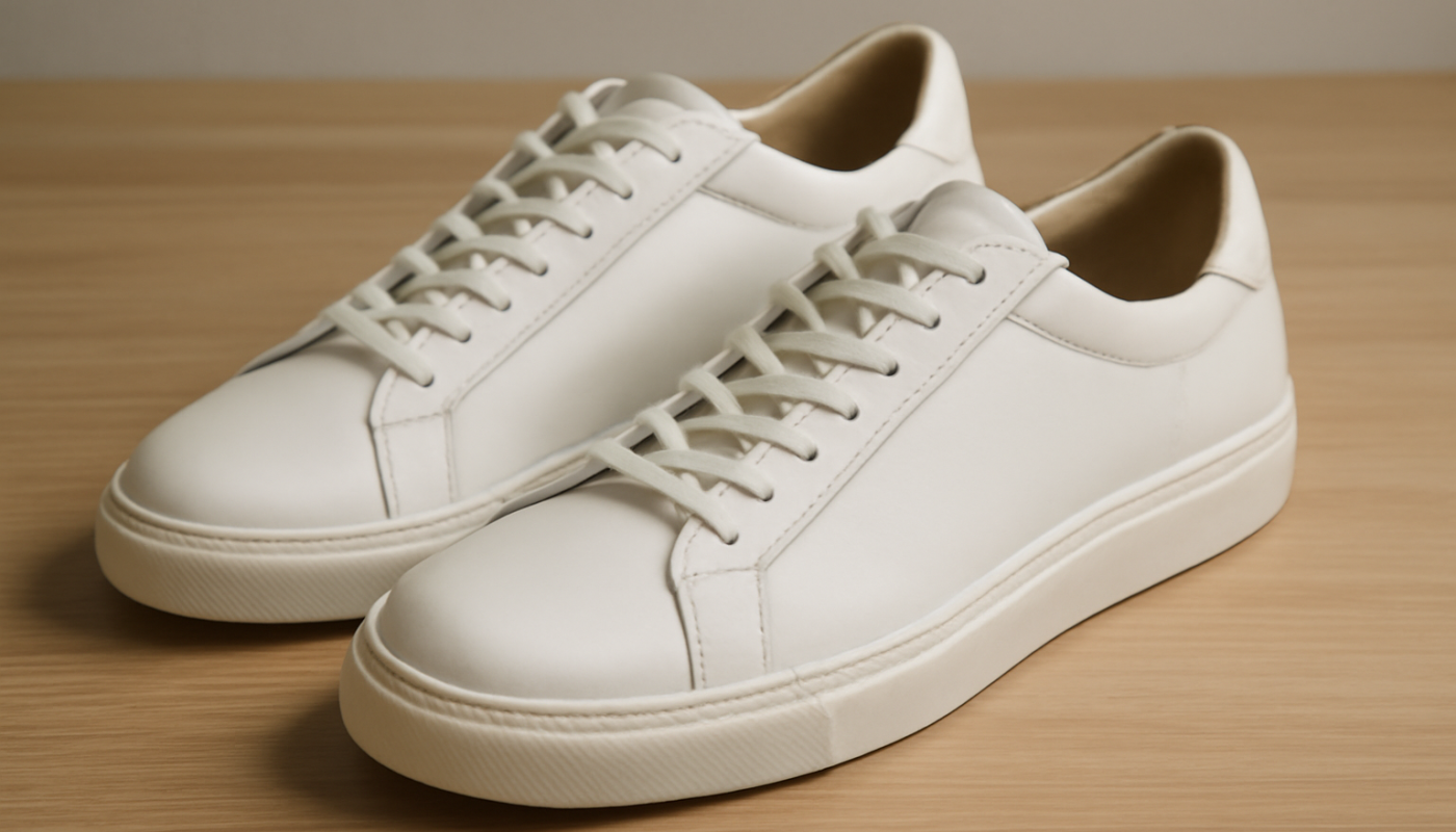 sneakers minimalistes en cuir posées sur table