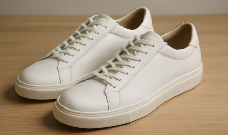 sneakers minimalistes en cuir posées sur table