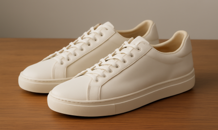 sneakers minimalistes en cuir posées sur table