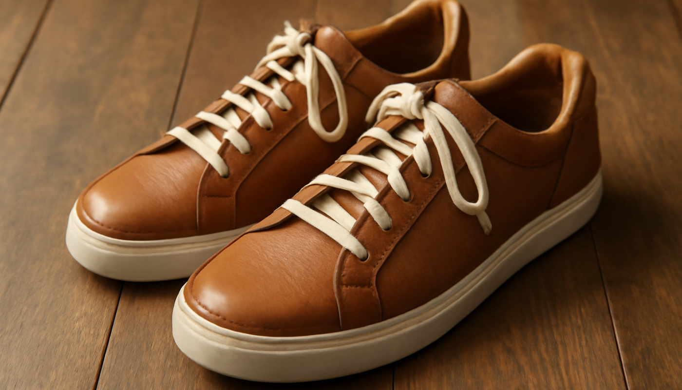 sneakers en cuir avec lacets apparents posées sur sol bois