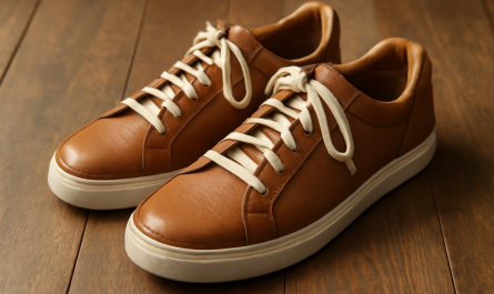 sneakers en cuir avec lacets apparents posées sur sol bois