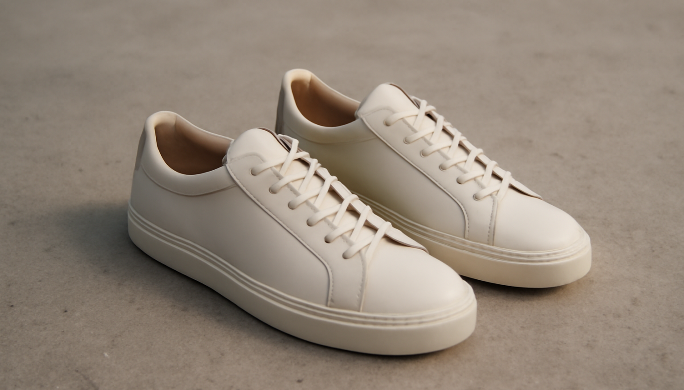 sneakers minimalistes premium posées sur sol béton