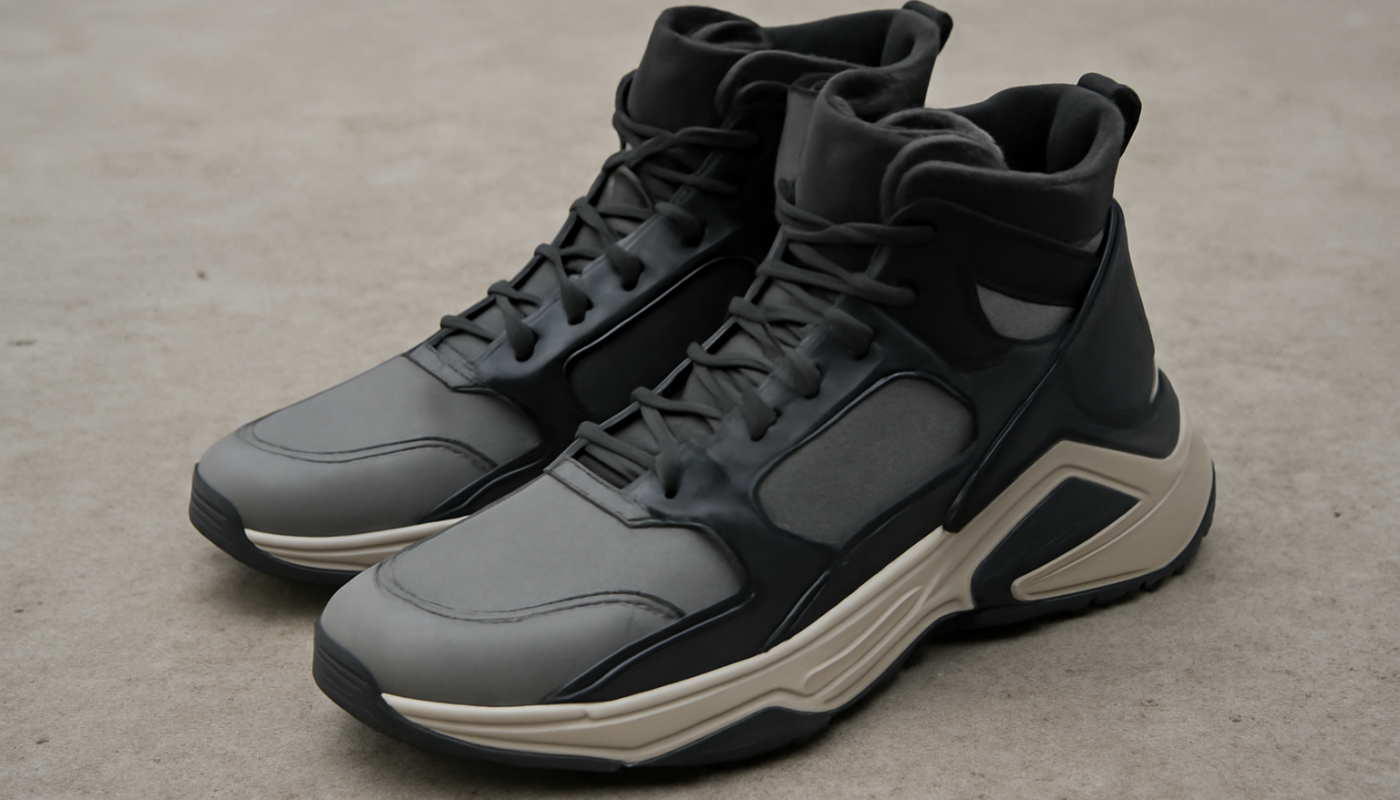 sneakers montantes design avant-gardiste posées sur sol béton