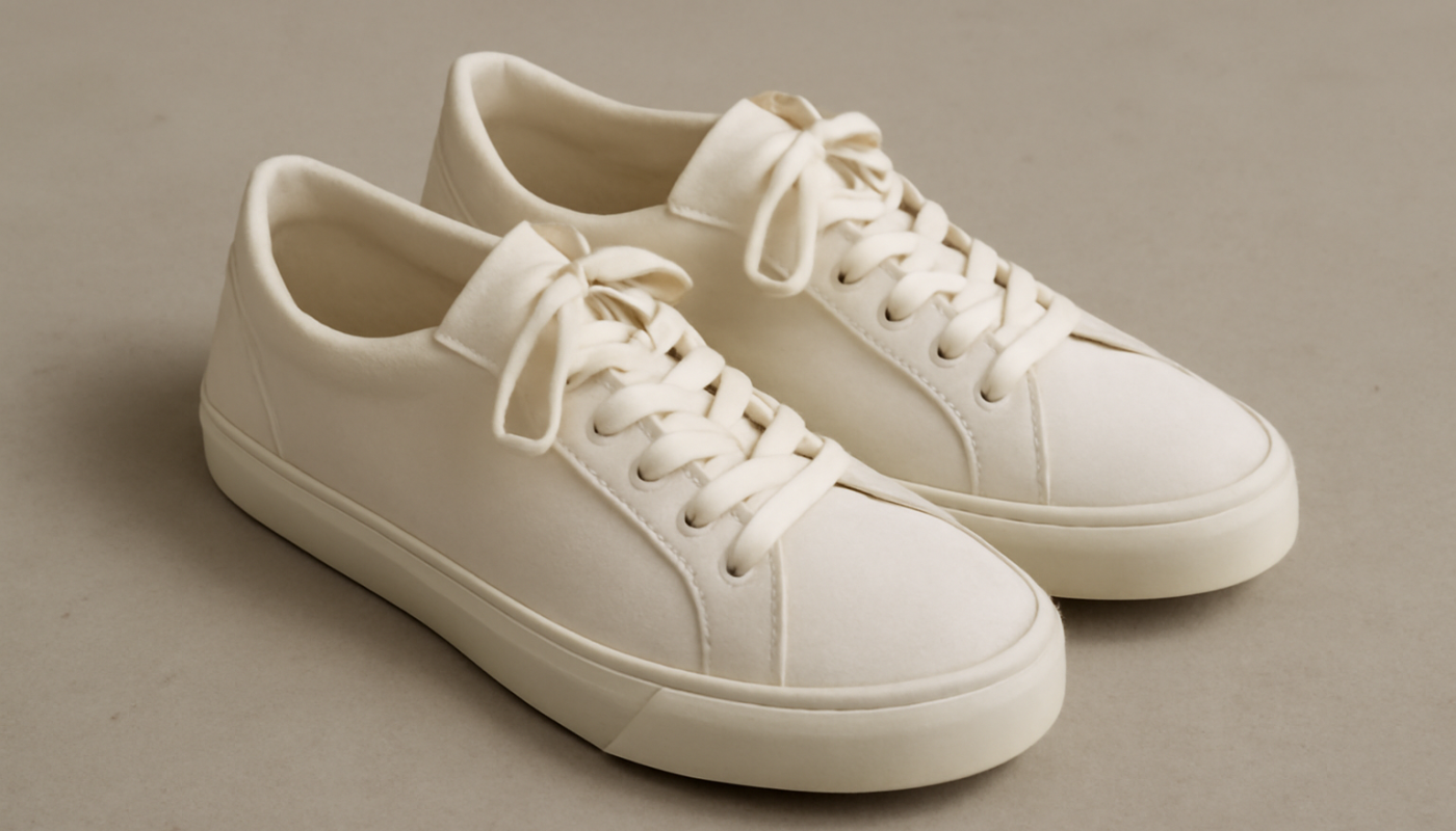 sneakers minimalistes en toile posées sur sol neutre