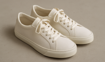 sneakers minimalistes en toile posées sur sol neutre