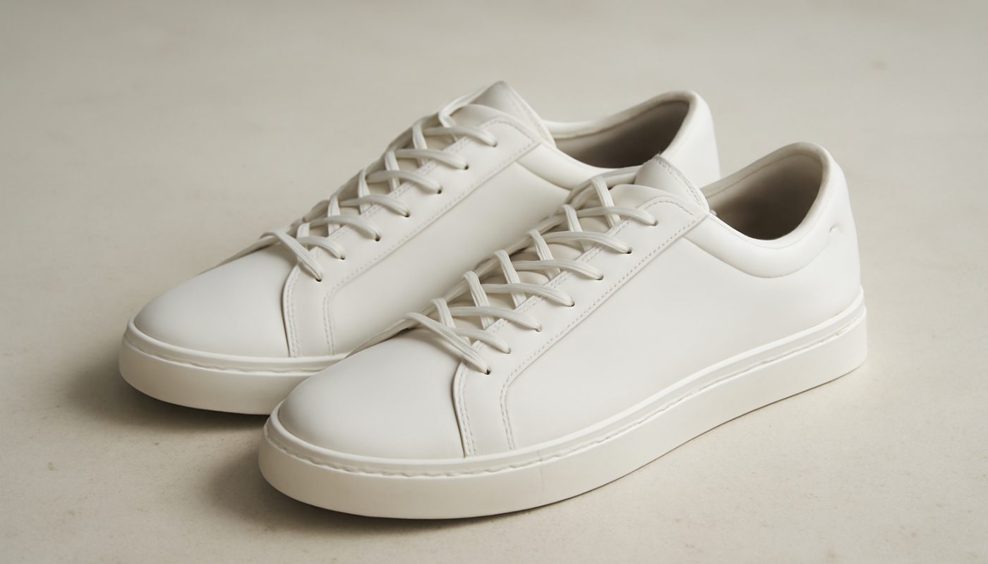 sneakers minimalistes en cuir posées sur sol clair