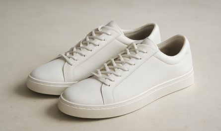 sneakers minimalistes en cuir posées sur sol clair
