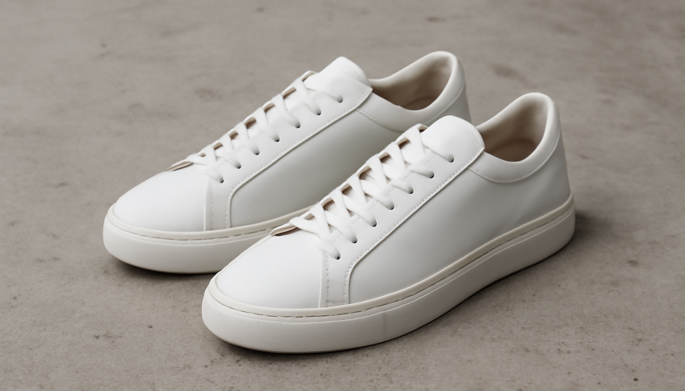 sneakers minimalistes premium posées sur sol béton