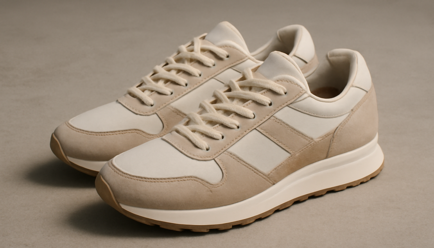 sneakers rétro modernes posées sur sol neutre