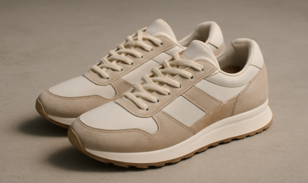 sneakers rétro modernes posées sur sol neutre