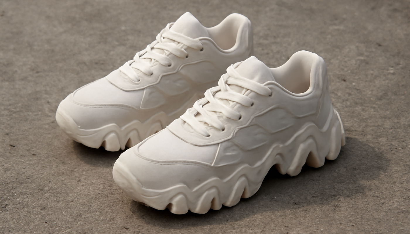 sneakers avec semelle irrégulière posées sur sol béton