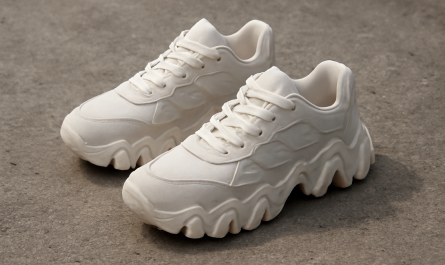 sneakers avec semelle irrégulière posées sur sol béton