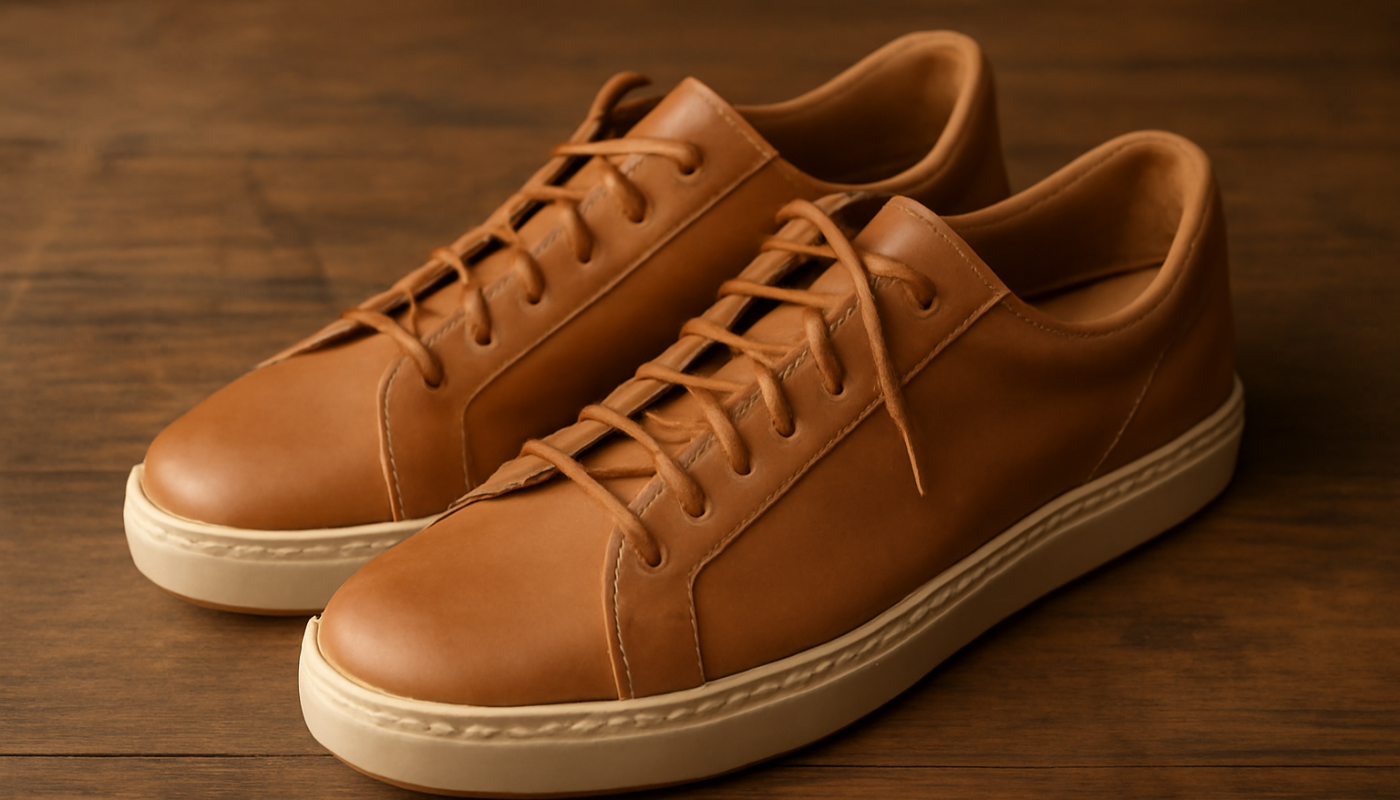 sneakers artisanales en cuir naturel posées sur table
