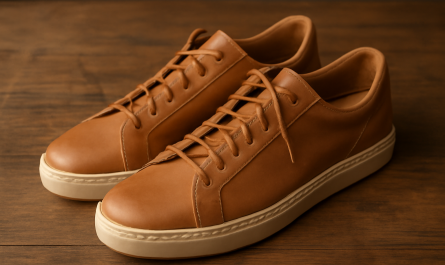 sneakers artisanales en cuir naturel posées sur table