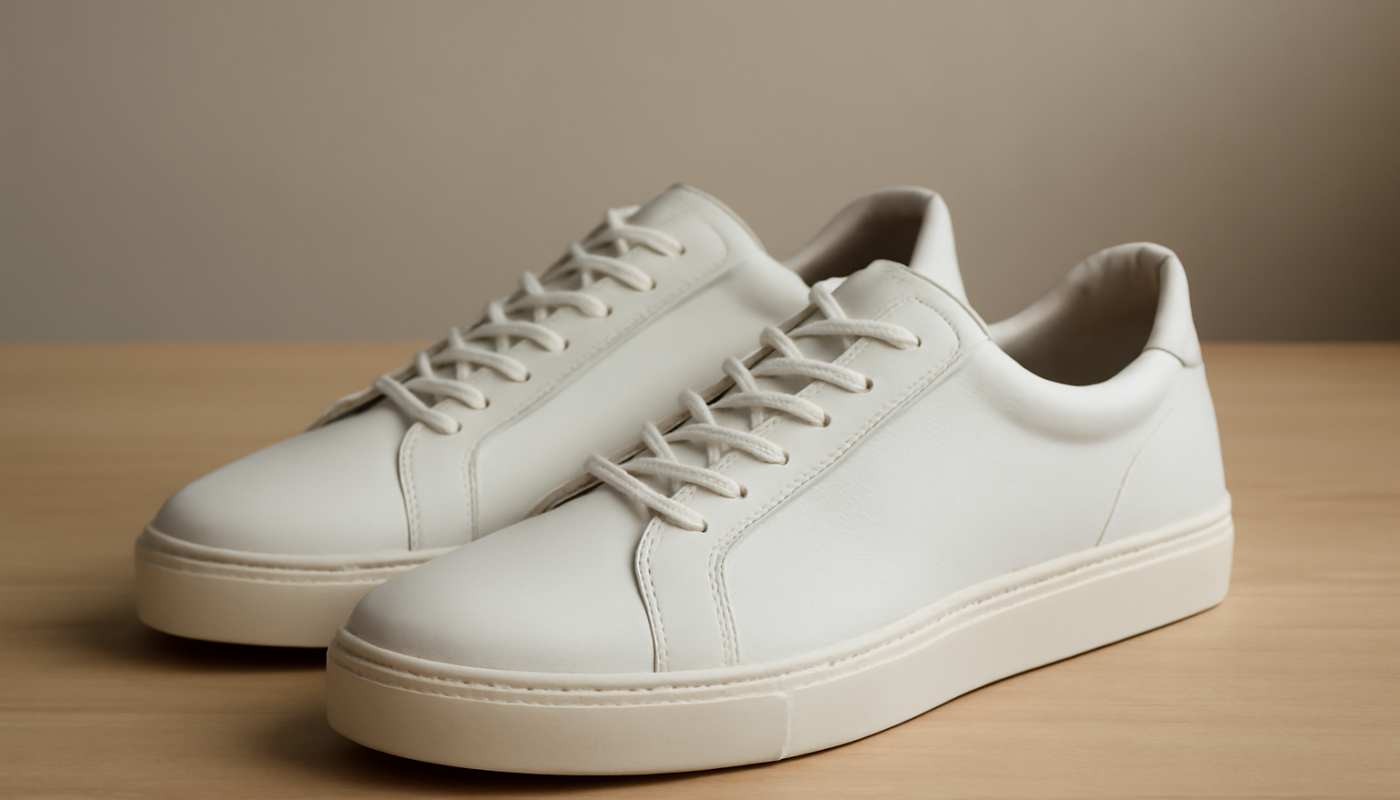 sneakers minimalistes en cuir posées sur table