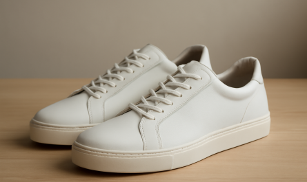 sneakers minimalistes en cuir posées sur table