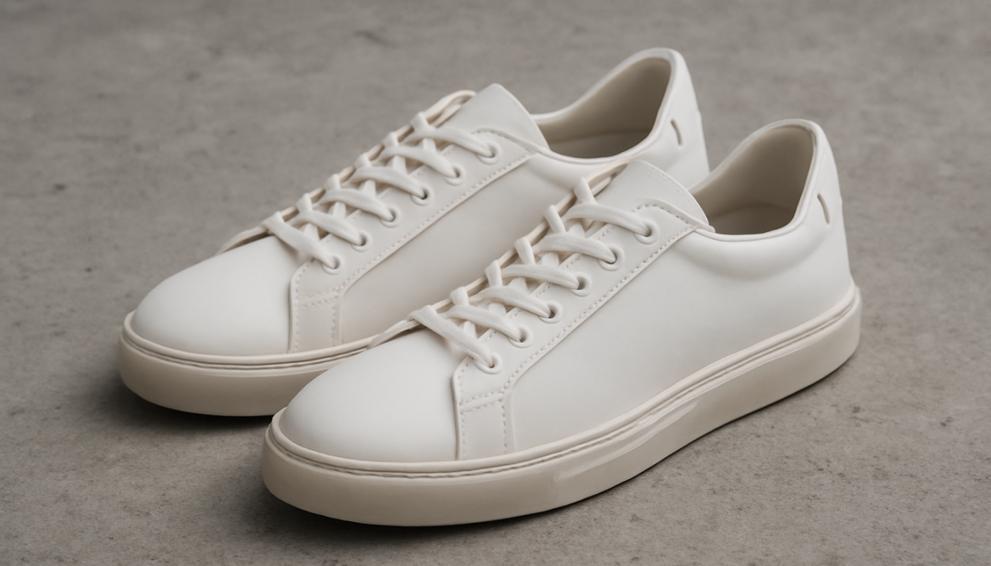 sneakers design minimaliste posées sur sol béton