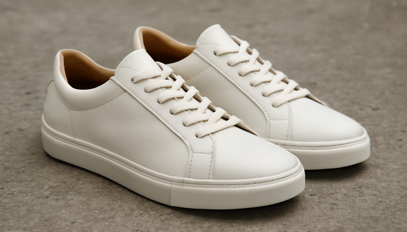 sneakers premium en cuir posées sur sol béton