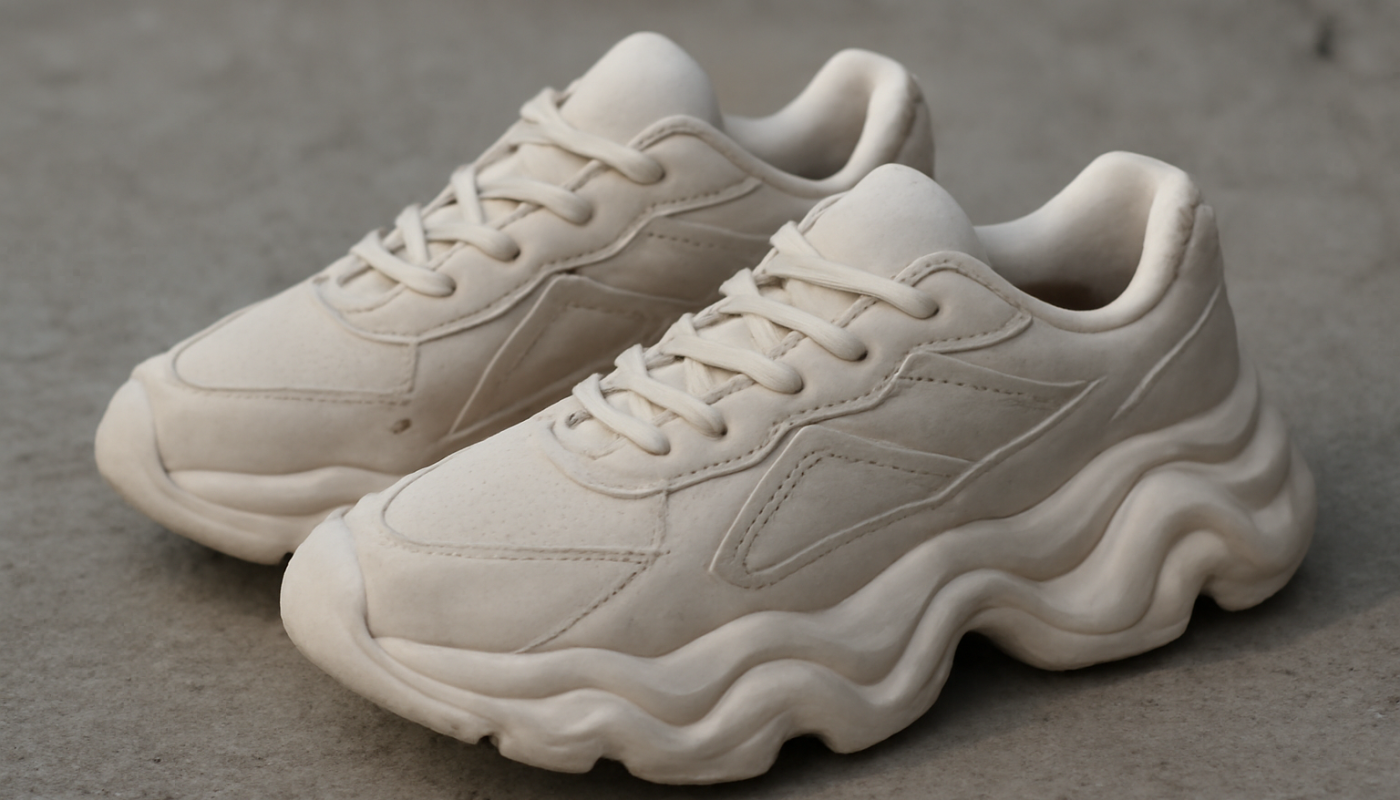 sneakers avec semelle irrégulière posées sur sol béton