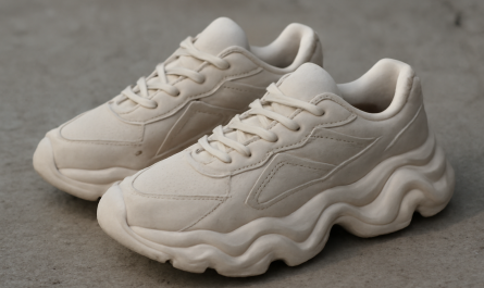sneakers avec semelle irrégulière posées sur sol béton