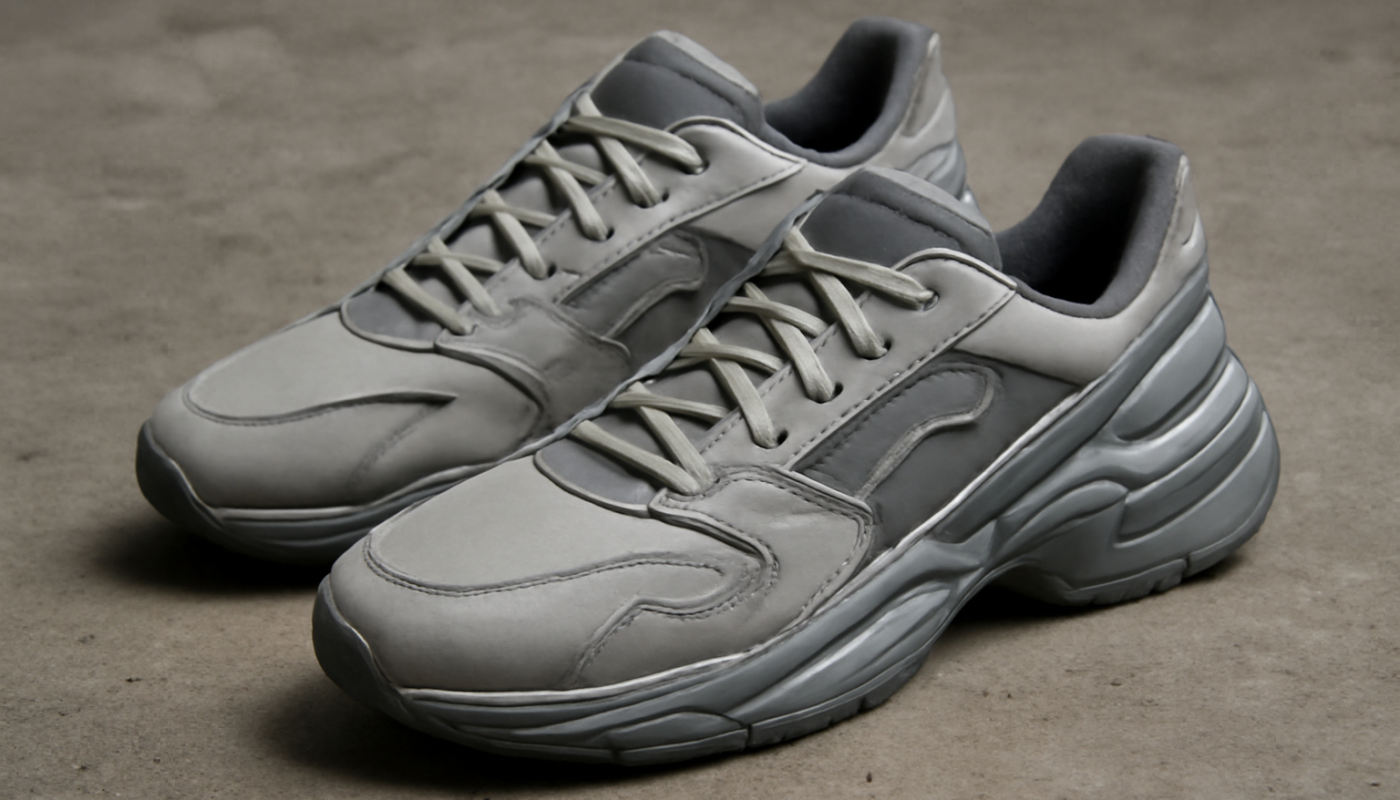sneakers design futuriste posées sur sol béton