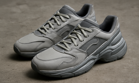 sneakers design futuriste posées sur sol béton